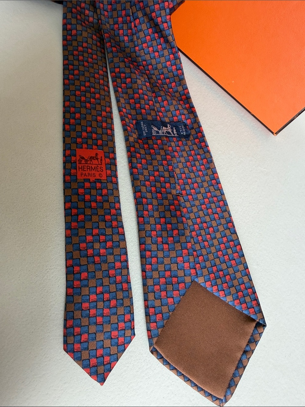 Hermès Paris Silk Tie Blue Red Geometric Check Pattern Luxury Made in France Box - Picture 3 of 6